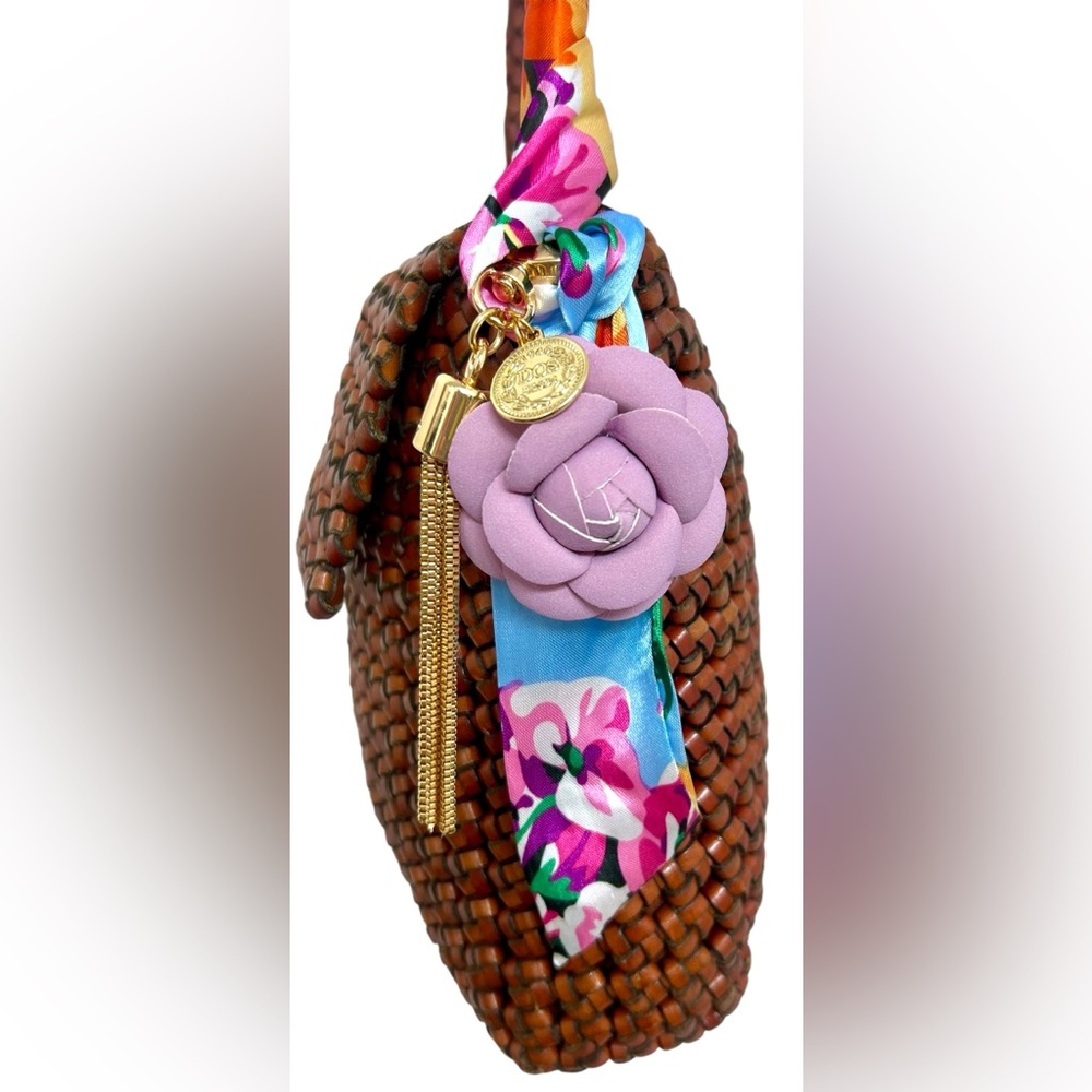 Handmade Bag Charm w/Camellia Flower, Gold Metal Tassels & Silk Twilly✨NWOT✨